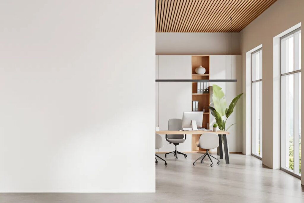 Polished executive office with rich white walls completed by an interior painter in Monument, CO