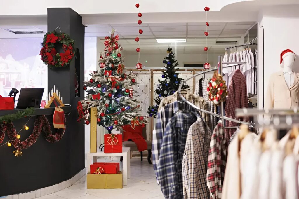 Festive retail store with holiday décor and fresh seasonal paint accents by an interior painter in Broadmoor, CO
