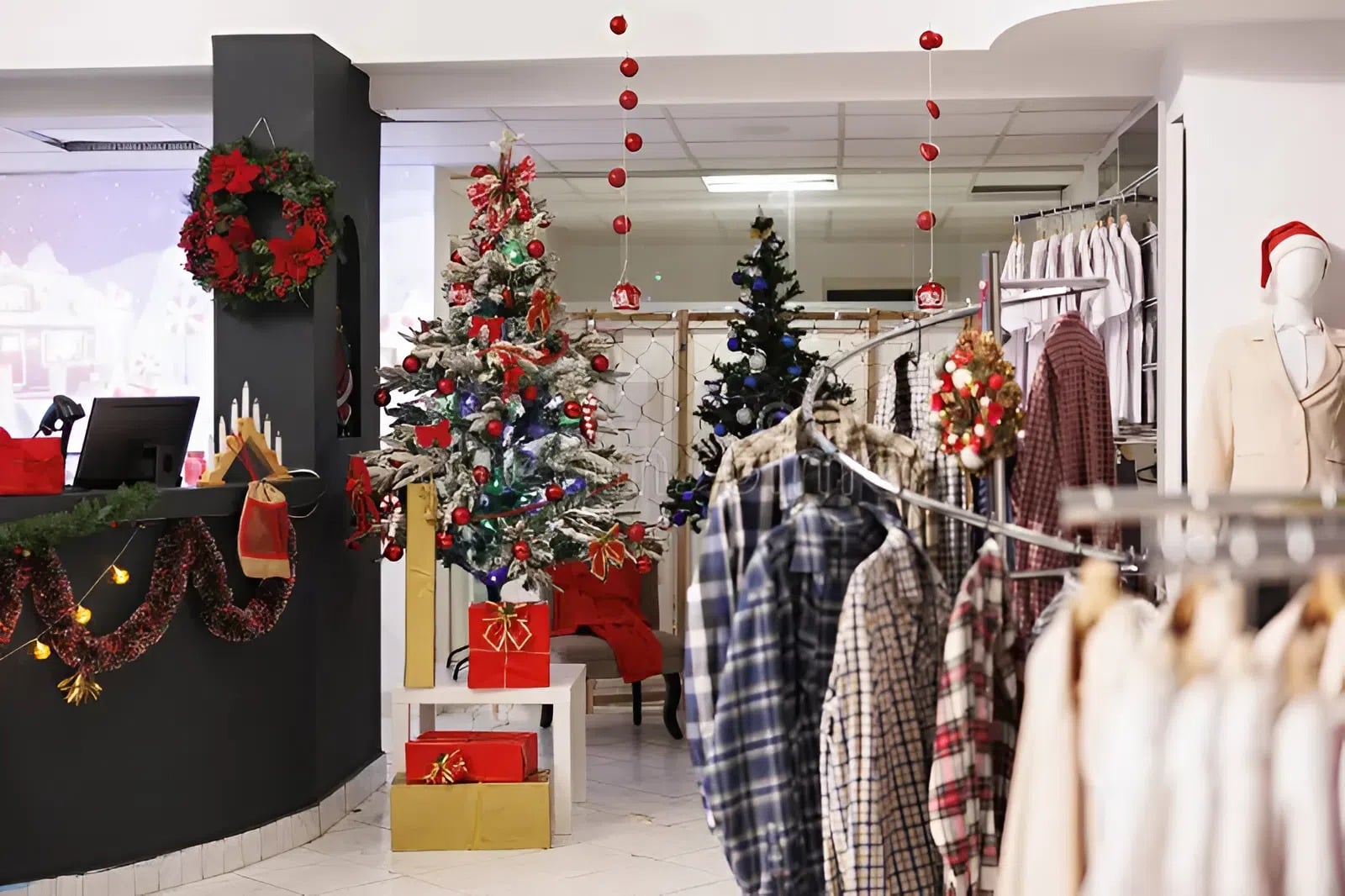 Festive retail store with holiday décor and fresh seasonal paint accents by an interior painter in Broadmoor, CO