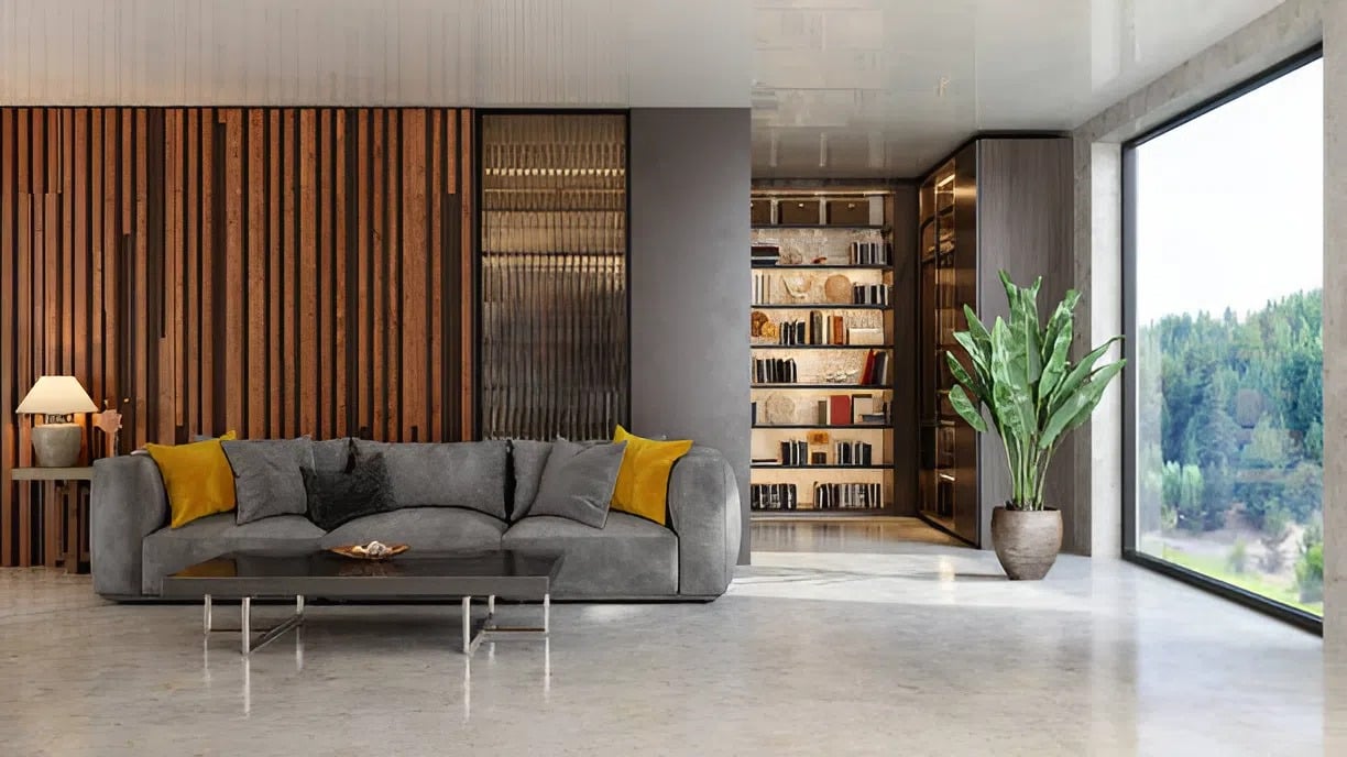 Modern living room with warm wood wall panels and neutral painted surfaces by a house painter in Black Forest, CO