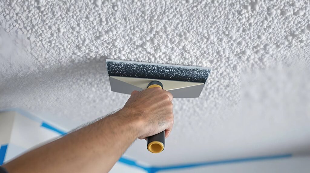 Popcorn ceiling being removed by a house painter in Black Forest, CO