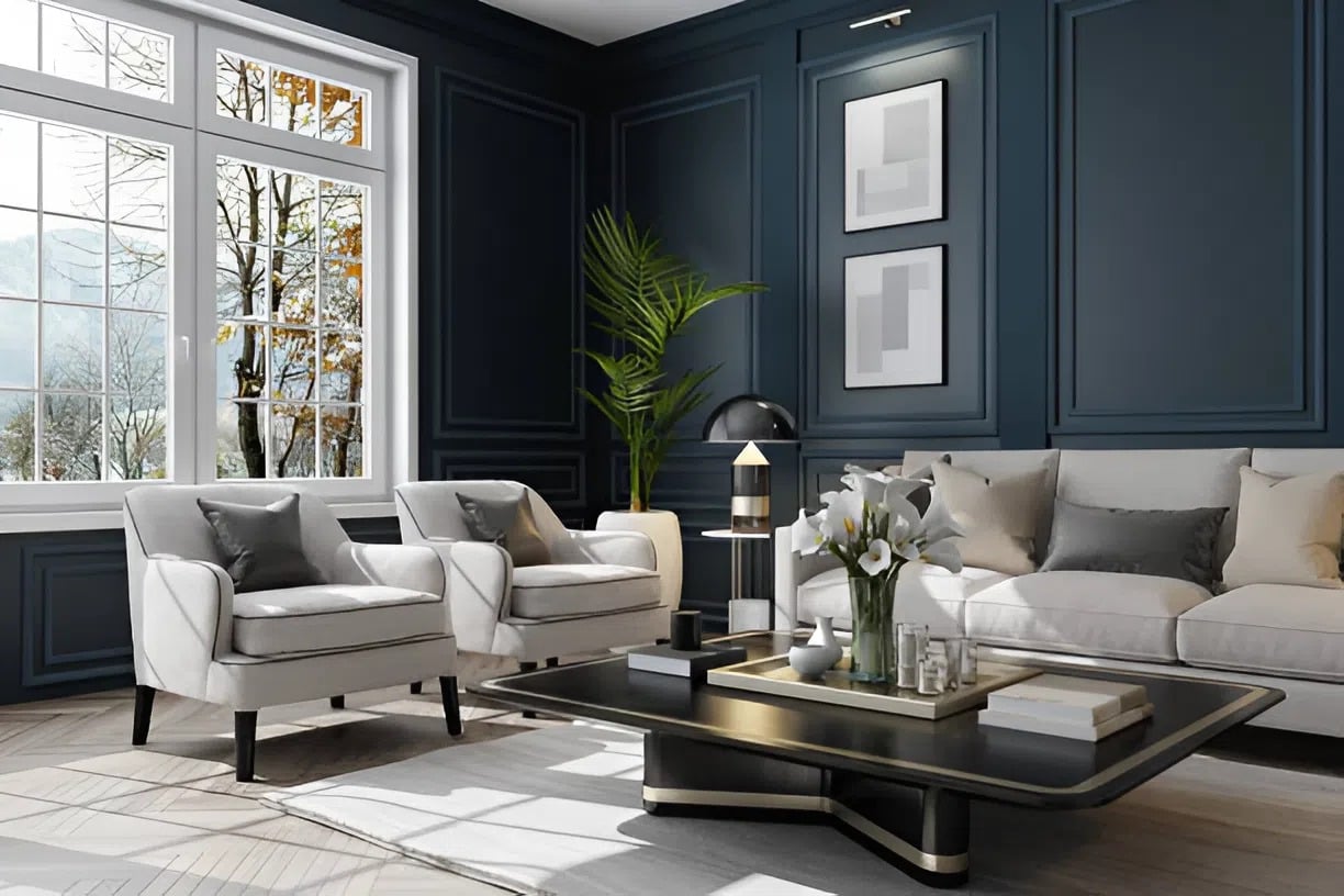 Living room with deep blue painted walls and a smooth finish by a house painter in Broadmoor, CO