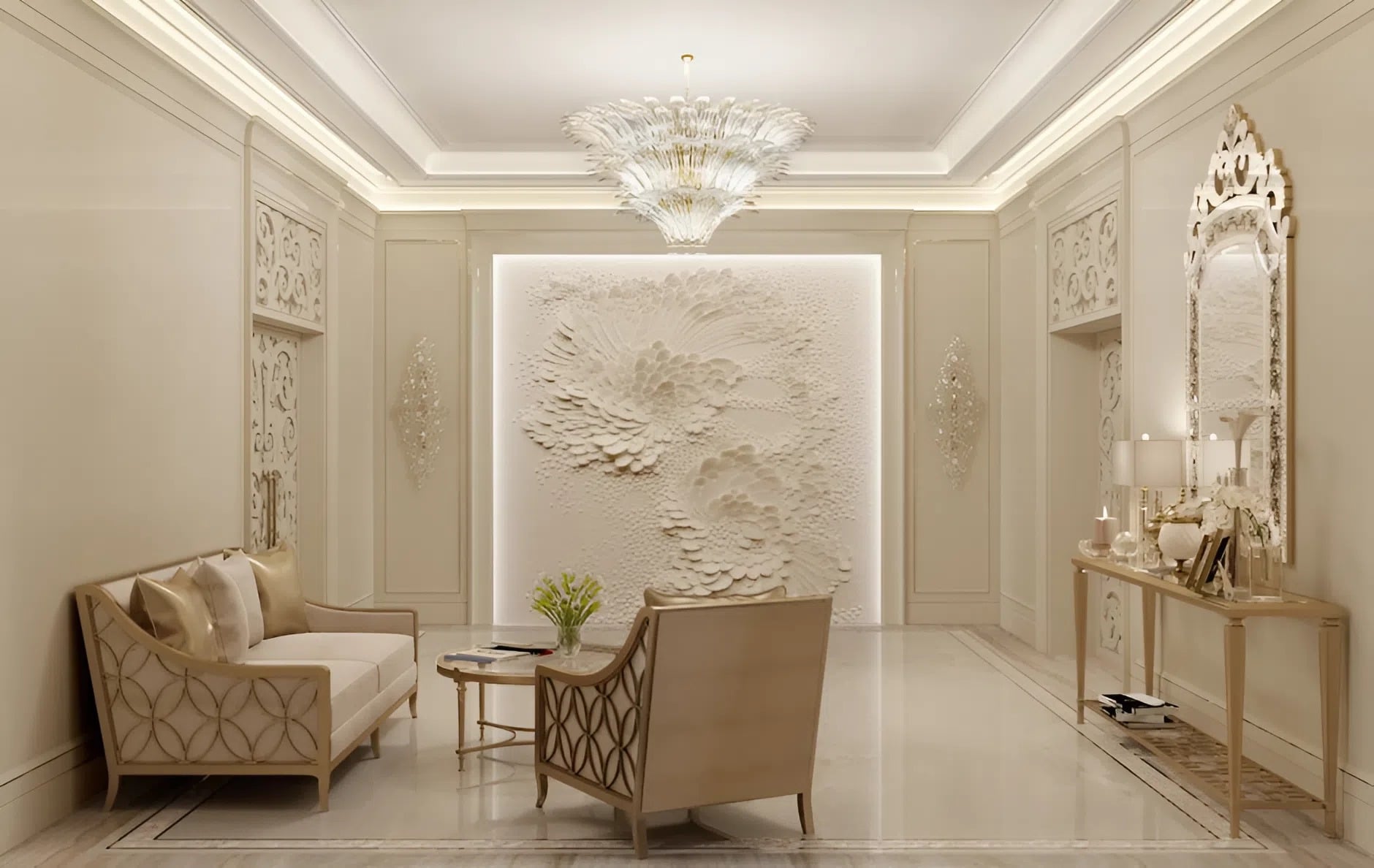 Living room with smooth, repaired walls and detailed stucco texture wall by an interior painter in Broadmoor, CO