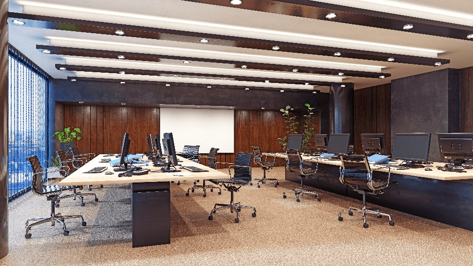 Office interior with deep blue walls, wood accents, and durable finishes by a painter in Black Forest, CO